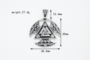 Macro shot of Viking Valknut pendant with dimensions showing Celtic knot details