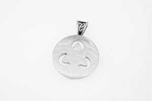 Macro shot of silver Viking Celtic Knot pendant in brushed steel with intricate bail detail