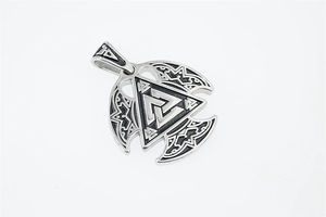 Macro detail of Nordic Viking Valknut pendant featuring Celtic runes on stainless steel