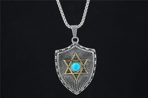 Detailed close-up of a shield-shaped hexagram pendant with a blue gem and square pearl chain