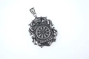 Close-up of hip hop crown shield pendant in vintage steel featuring darts engraving