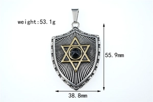 Detail view of hexagram shield pendant with dimensions 55.9mm by 38.8mm and 53.1g weight