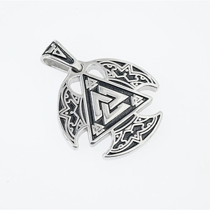 Vintage Nordic Viking Valknut pendant with Odin's triangles and runes in aged steel