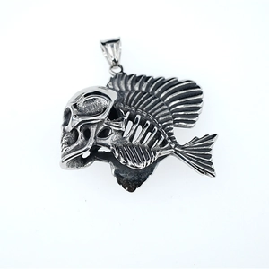 Retro punk skeleton fish bone pendant in polished stainless steel for men