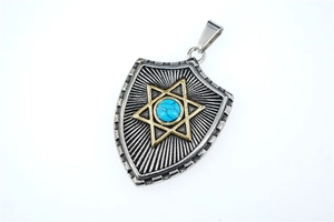 Detailed close-up of retro shield pendant with gold hexagram and blue turquoise inlay