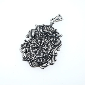 Hip hop titanium steel shield pendant with crown and darts engraving on white background