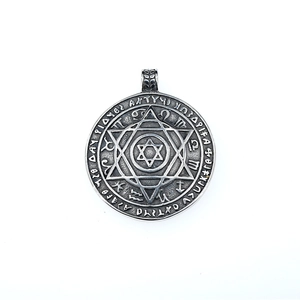 Nordic Viking hexagram medallion necklace with astrological symbols in antique silver finish