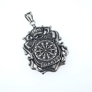 Hip hop crown and shield pendant necklace in retro stainless steel with Darts engraving