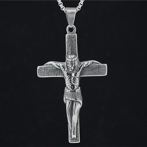 Jesus Crucifix Cross Pendant Necklace Vintage Stainless Steel Distressed Religious Jewelry For Men Hip Hop Gothic Sweater Chain