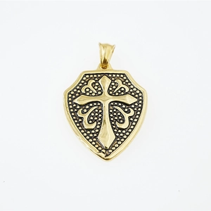 Golden shield cross necklace pendant in stainless steel with retro beaded texture design