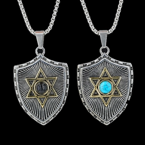 Retro Titanium Steel Shield Pendant Necklace For Men Hexagram Star Of David Inlaid Rhinestone Vintage Jewelry Necklaces Gift