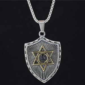 Vintage stainless steel shield pendant necklace with hexagram star and black inlay