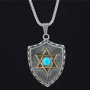 Titanium steel shield pendant necklace with turquoise stone and golden hexagram detail