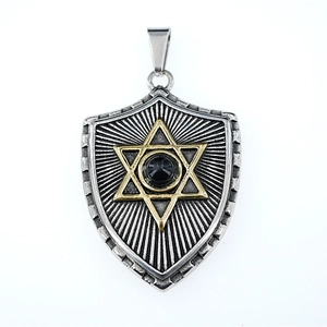 Vintage stainless steel shield necklace with gold hexagram star and black onyx gemstone