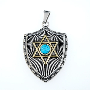 Men's shield pendant necklace with golden hexagram star and turquoise gemstone