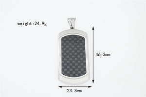 Detail showing carbon fiber inlay on titanium steel dog tag pendant with dimensions