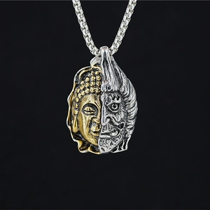 Collier rétro en acier inoxydable pour homme avec pendentif bouddha et démon et chaîne box