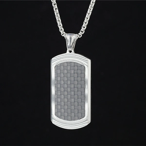 Men Stainless Steel Carbon Fiber Dog Tag Pendant Necklace Black Grey Grid Weave Pattern Brushed Finish Daily Wear Jewelry