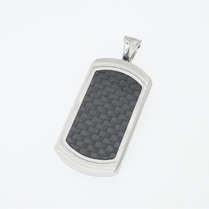 Men's stainless steel military tag pendant with black carbon fiber weave inlay
