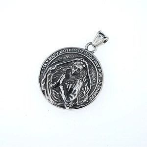 Pendentif vintage en acier titane avec relief de la Vierge Marie et gravure de prière