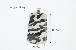 Detail view of camouflage printed stainless steel military tag pendant with dimensions