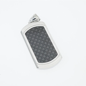 Mens titanium steel military tag necklace with black carbon fiber inlay on white background