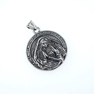 Pendentif rond vintage avec relief Vierge Marie et gravure de prière Holy Mary