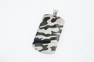 Detail of hip-hop camouflage military dog tag pendant in polished stainless steel