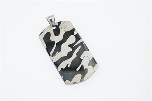 Detailed close-up of a rectangular camo print dog tag pendant made of durable titanium steel