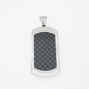 Polished titanium steel dog tag necklace with black carbon fiber weave inlay