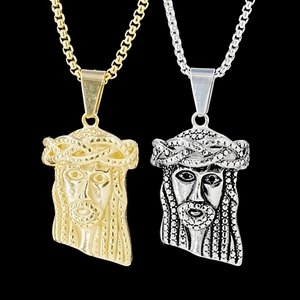 Collana in Acciaio Inossidabile con Ciondolo Testa di Gesù Vintage per Uomo Gioielli Religiosi Hip Hop con Strass Oro Argento