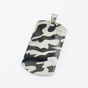 Hip hop military camo dog tag pendant in brushed titanium steel on white background