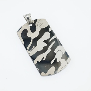 Polished camo military tag pendant necklace in stainless steel on white background