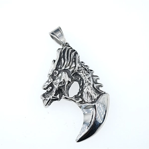 Polished titanium steel wolf tooth necklace with dragon head pendant for men
