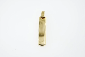 Macro shot of gold rectangle bar pendant with a high-polished mirror finish and sturdy bail
