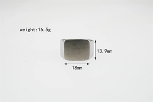 Detail view of silver square signet ring showing 18mm width and brushed metal texture