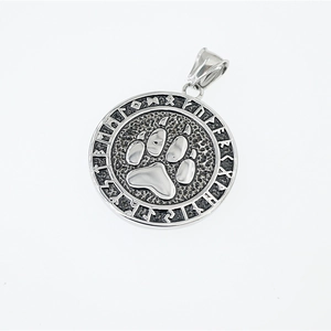 Vintage Viking bear paw pendant necklace in stainless steel with Nordic rune engraving