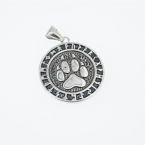 Vintage Viking bear paw pendant with Nordic runes in oxidized stainless steel finish