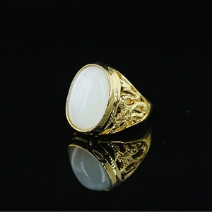 Men's vintage hollow dragon titanium steel ring with large white oval gemstone
