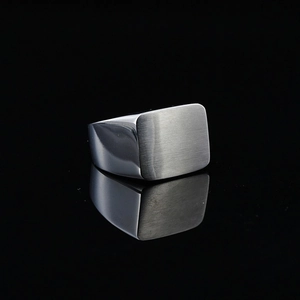 Minimalist square signet ring for men in silver titanium steel with brushed metal finish