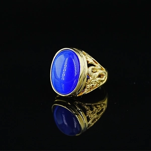 Vintage dragon ring with blue cat's eye stone in golden stainless steel for men