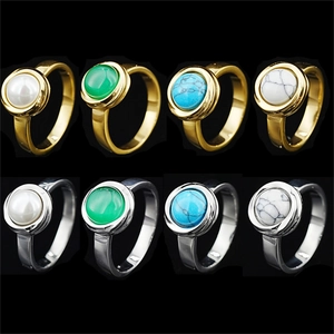 Vintage Stainless Steel Ring Round Turquoise Artificial Pearl Gemstone Gold Silver Plated Geometric Minimalist Unisex Jewelry Finger Ring