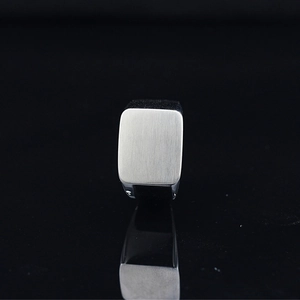 Minimalist square signet ring for men in silver titanium steel with brushed finish texture