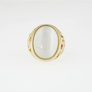 Retro dragon gold titanium steel ring with oversized oval white moonstone and hammered texture