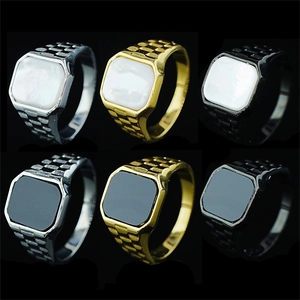 Anello Sigillo Vintage in Acciaio al Titanio Per Uomo Donna Con Intarsio in Madreperla Texture Cinturino Orologio Gioielli Business