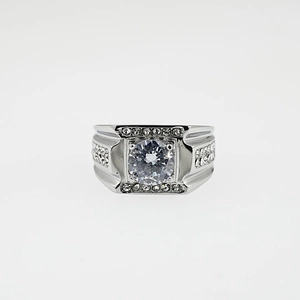 Elegant wide band moissanite ring in silver-white alloy with pavé set diamond accents