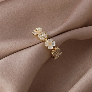 Korean Style Copper Flower Open Ring For Women Adjustable Gold Rhinestone Inlaid Fashion Finger Ring Jewelry Gift