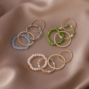 Korean Style Vintage Alloy Beaded Ring Set For Women Gold Color Rhinestone Finger Rings Stackable Daily Jewelry Accessories