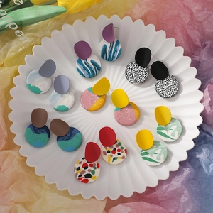 Abstract Geometric Round Polymer Clay Alloy Earrings For Women Trendy Contrast Color Handmade Statement Earrings Jewelry