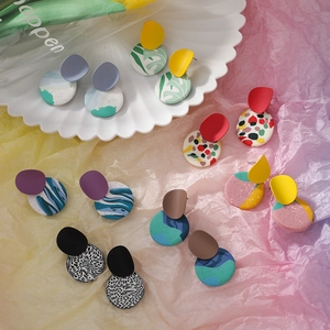 Abstract geometric polymer clay drop earrings with colorful textured patterns and matte finish
